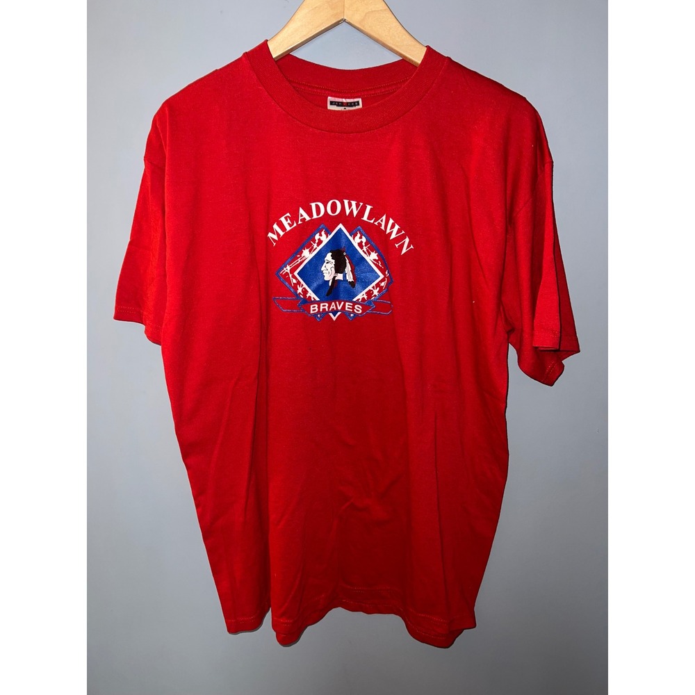 Vintage Jerzees Meadowlawn Braves Graphic T-Shirt Red Large Heavyweight Blend